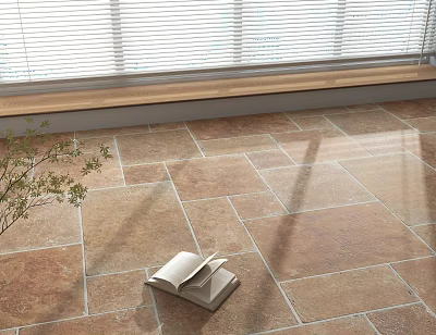 Warm Toned Natural Texture Floor Tiles With Open Book Potted Plant And Sunlight Shadows 3d model
