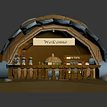 Cartoon Scene With Orange And Blue Dome Structure Welcome Sign Bottles Jars Shelves Wooden Railings