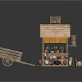 Traditional Pottery Stall With Straw Roof Wooden Cart And Ceramic Vases Jars