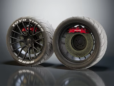 TOYO Tires High Performance Sport Wheels With Black Rims And Red Brake Calipers 3d model