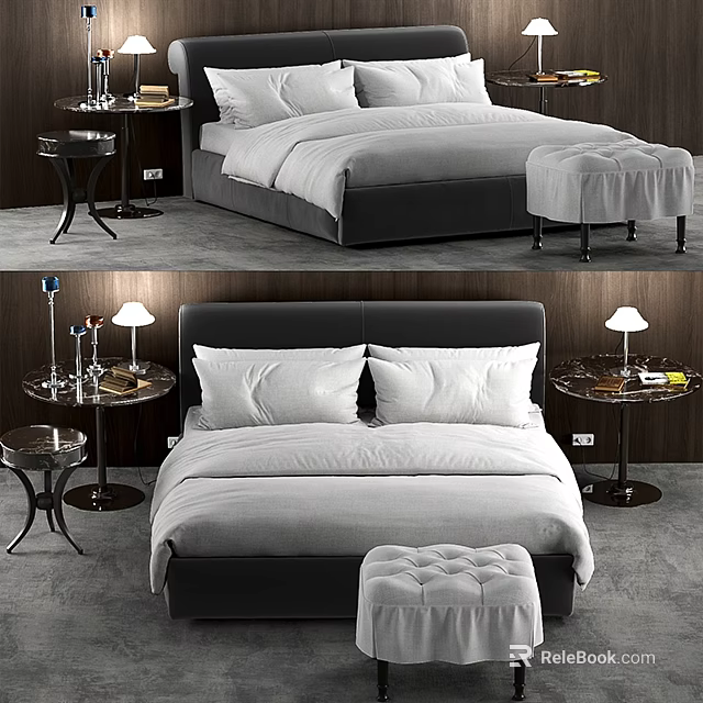 Modern Double Bed With White Bedding Nightstands Table Lamps And Ottoman 3d model