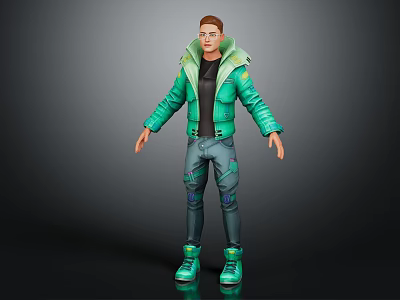 Men's Green Hooded Jacket Black T Shirt Blue Pants Stylish Outfit With Green Shoes 3d model