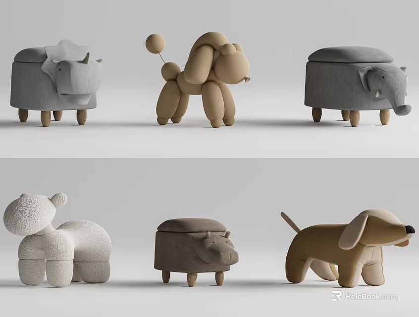 Adorable Animal Shaped Stools With Fabric Upholstery And Wooden Legs For Kids Room Decor 3d model 