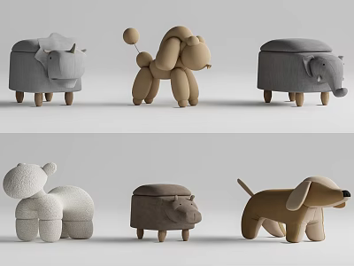 Adorable Animal Shaped Stools With Fabric Upholstery And Wooden Legs For Kids Room Decor 3d model