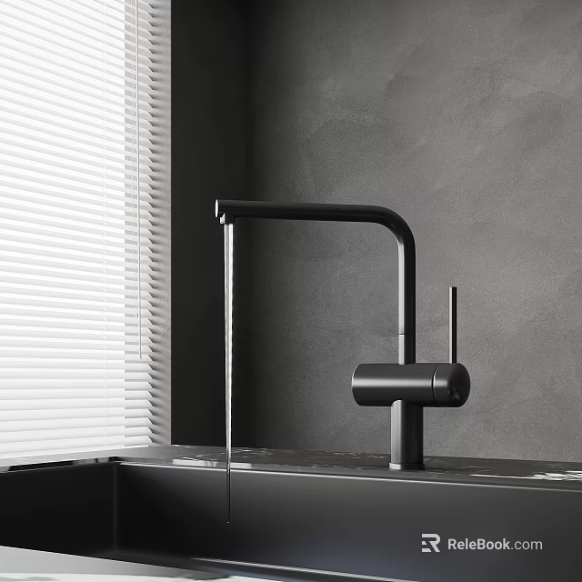 Modern Black Faucet With Water Flowing Over Dark Countertop Against Gray Wall And Window Blinds 3d model 