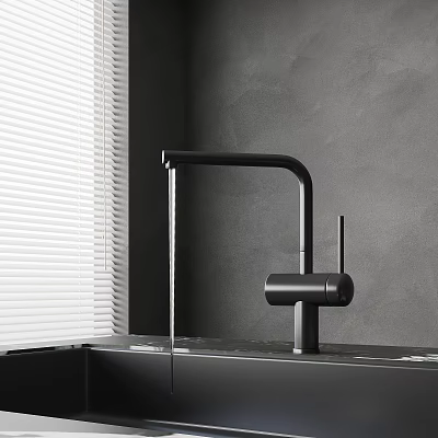 Modern Black Faucet With Water Flowing Over Dark Countertop Against Gray Wall And Window Blinds 3d model