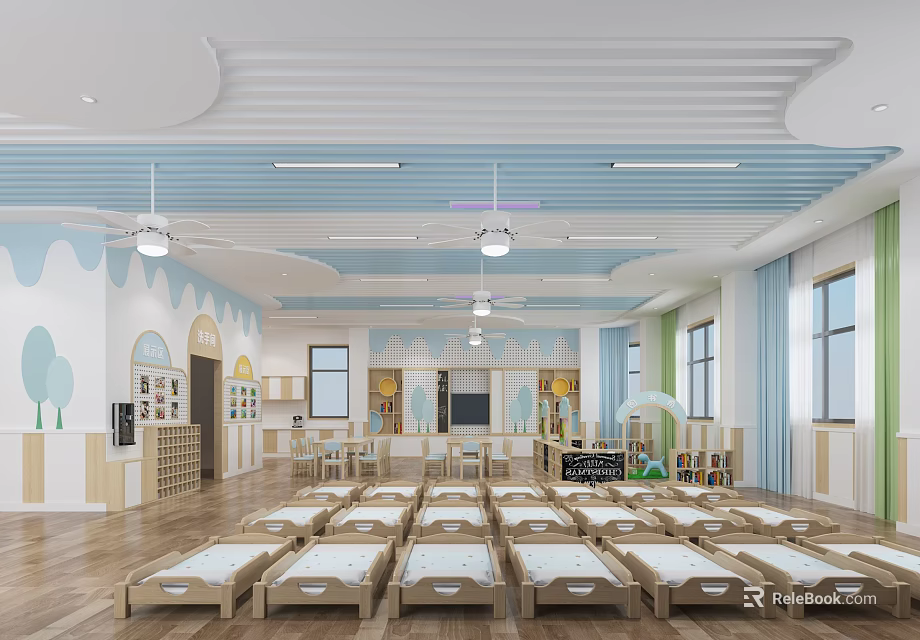 Bright Kindergarten Interior With Small Beds Blue White Decorations Windows Storage Cabinets And Ceiling Design 3d model
