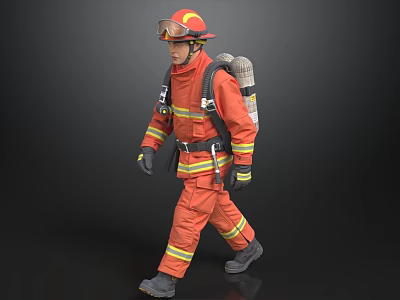 Firefighter Man In Orange Firefighting Suit With Helmet And Breathing Apparatus 3d model
