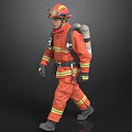 Firefighter Man In Orange Firefighting Suit With Helmet And Breathing Apparatus