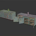 Distressed Blue Green Kitchen Cabinets With Countertop Sink Drawers Open Doors And Shelves