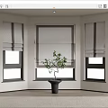 Modern Interior With Three Windows Featuring Gray And Brown Roman Blinds And Potted Plant