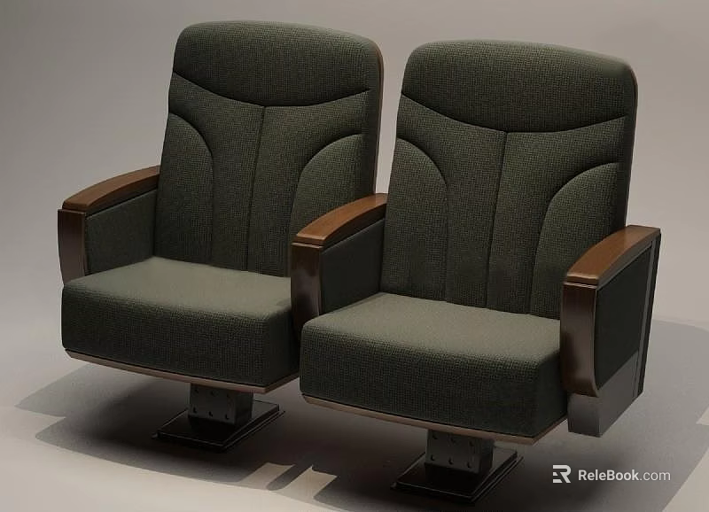 Two Dark Green Upholstered Public Chairs With Wooden Armrests For Theater 3d model 