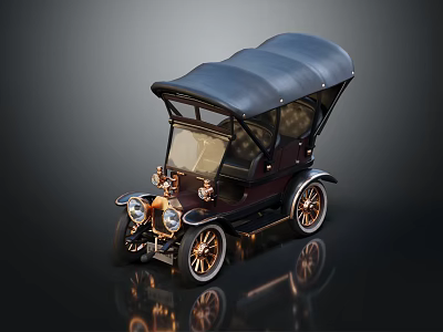 Vintage Car with Black Top Brown Body Gold Accents Spoked Wheels on Dark Reflective Surface 3d model