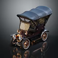 Vintage Car with Black Top Brown Body Gold Accents Spoked Wheels on Dark Reflective Surface