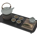 Traditional Tea Set With White Teapot Small Cups Dark Tray Strainer And Cloth