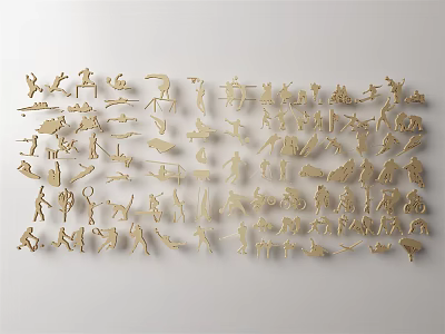Golden Silhouettes of Various Human Actions Animals and Objects Arranged on White Background 3d model