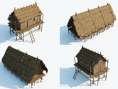 Various Angles Of Traditional Stilted Thatched House With Wooden Frames 3d model