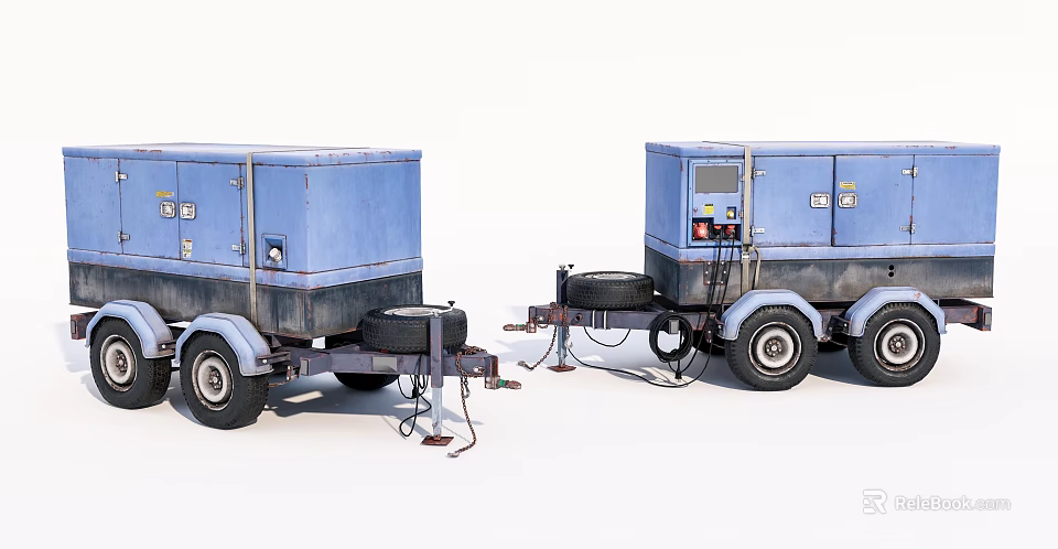 Blue Industrial Trailer Mounted Generators With Wheels And Control Panels 3d model