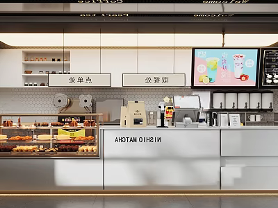 Modern Cafe Storefront Design with Pickup Counter Cashier Desk Pastry Display and Digital Screen 3d model