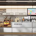 Modern Cafe Storefront Design with Pickup Counter Cashier Desk Pastry Display and Digital Screen
