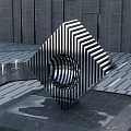 Geometric Sculpture With Black White Stripes And Hollow Circular Center On Modern Gray Stone Floor