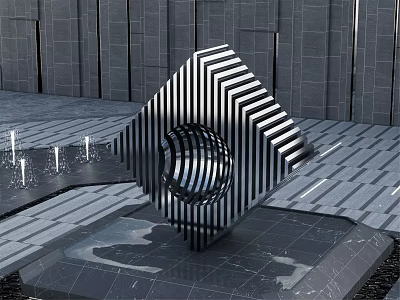 Geometric Sculpture With Black White Stripes And Hollow Circular Center On Modern Gray Stone Floor 3d model