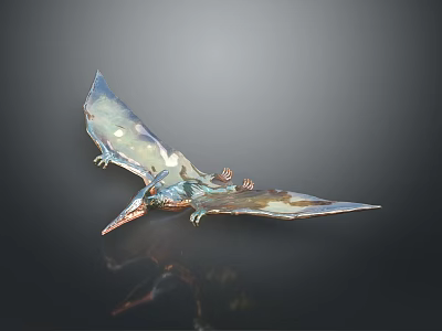 Metal Pterosaur Sculpture With Blue Green Copper Spread Wings And Reflection On Black Background 3d model