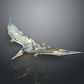 Metal Pterosaur Sculpture With Blue Green Copper Spread Wings And Reflection On Black Background