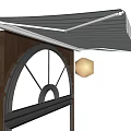 Brown Retractable Awning Over Arched Window With Wooden Frame And Metal Support