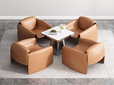 Brown Leather Sofas And White Coffee Table Set With Flowers Magazines On Top And Gray Carpet 3d model