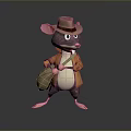 Cartoon Mouse Character Wearing Brown Hat And Orange Coat Carrying Bag Standing Pose