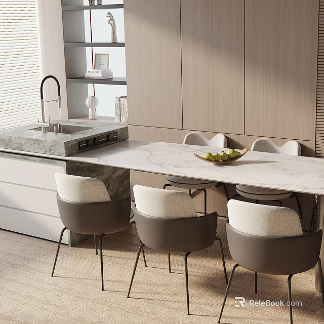 Modern Dining Table Set with Marble Top and Gray Upholstered Chairs in Open Kitchen 3d model 