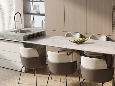 Modern Dining Table Set with Marble Top and Gray Upholstered Chairs in Open Kitchen 3d model