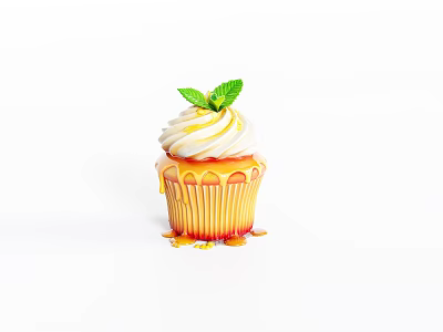 Delicious Cupcake With White Cream Fresh Mint Leaf And Dripping Honey Syrup 3d model