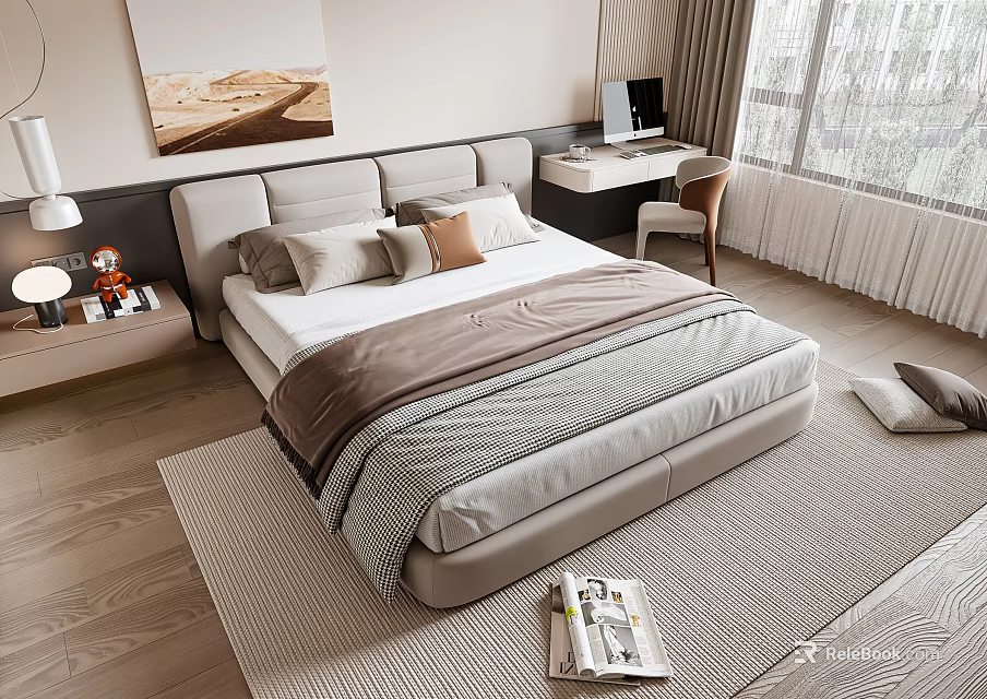 Cozy Double Bed Interior With Upholstered Headboard Neutral Comforter Nightstand And Window Curtains 3d model