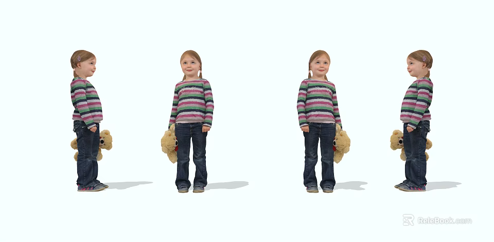 Young Girl In Striped Sweater And Jeans Holding Teddy Bear From Multiple Angles 3d model 