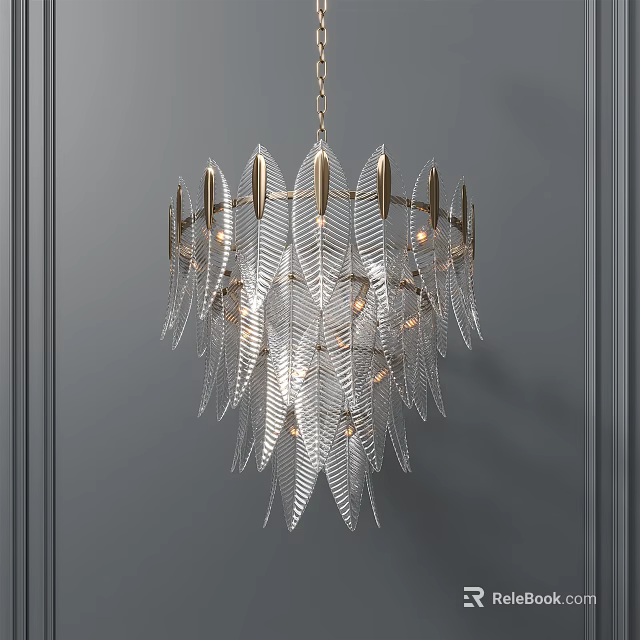 Elegant Feather Shaped Chandelier with Transparent Blades Golden Metal Frame Illuminated on Grey Wall Background 3d model 