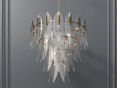 Elegant Feather Shaped Chandelier with Transparent Blades Golden Metal Frame Illuminated on Grey Wall Background 3d model