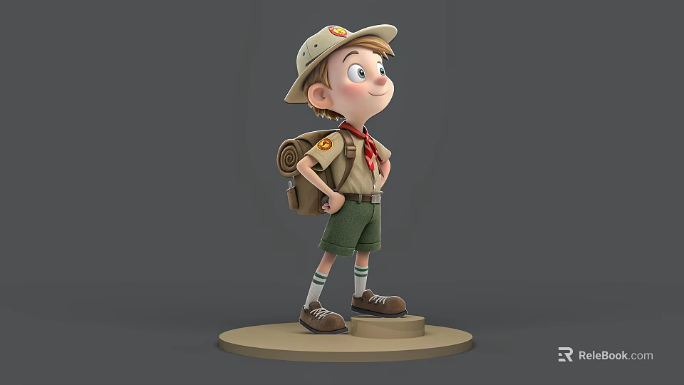Young Man in Scout Uniform Standing with Hat Backpack and Scroll on Base 3d model