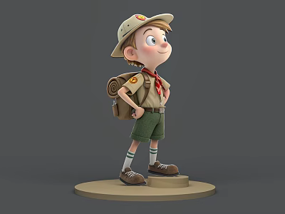 Young Man in Scout Uniform Standing with Hat Backpack and Scroll on Base 3d model