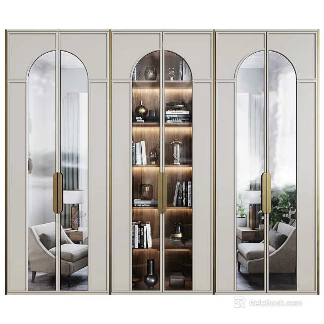 Elegant Modern Wardrobe With Glass Doors Metal Frame Shelves And Interior Lighting 3d model 