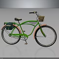 Green Vintage Bicycle With Woven Handlebar Basket And Rear Storage Bag