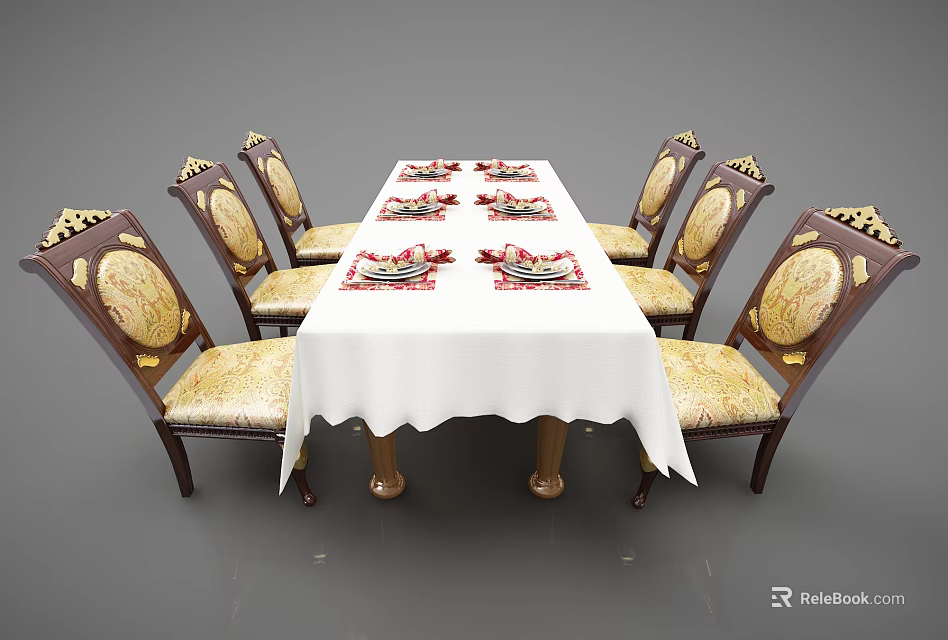 Elegant Dining Table Set With White Tablecloth Red Patterned Tableware And Carved Chairs 3d model 