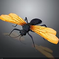 Insect with Blue Body and Yellow Transparent Wings Featuring Red Patterns on Dark Background