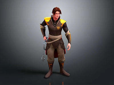 Fantasy Male Character With Brown Hair Dark Coat Yellow Accents And Waist Belt Holding Object 3d model