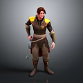 Fantasy Male Character With Brown Hair Dark Coat Yellow Accents And Waist Belt Holding Object