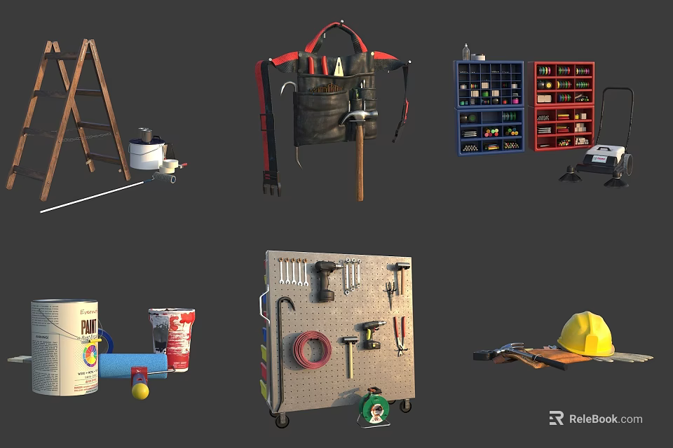 Practical Hardware Tools Collection With Ladder Tool Bag Rack Cart Bucket And Hard Hat 3d model 