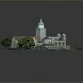 Whimsical Cartoon Scene of Historic Building with Red Roofs Green Dome Lush Lawn and Trees