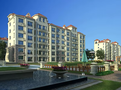 Modern Multi Story Residential Building With Red Roof White Exterior And Landscaped Courtyard 3d model