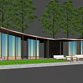Curved Pergola Design With Glass Walls Wooden Structure And Outdoor Seating Surrounded by Trees